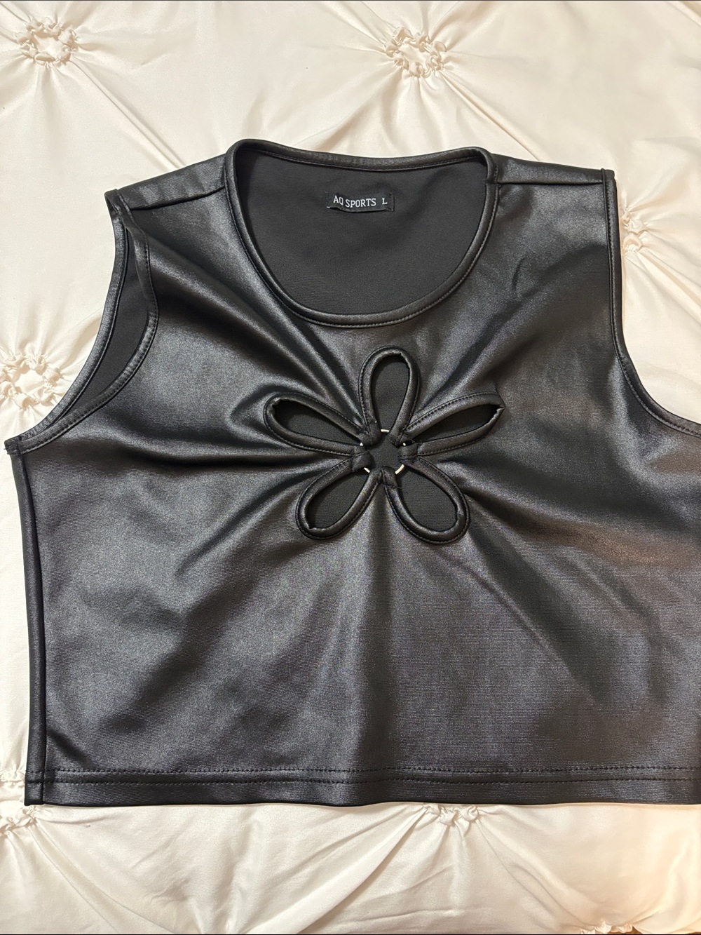 AQ Sports Black Faux Leather Floral Cutout Crop Top